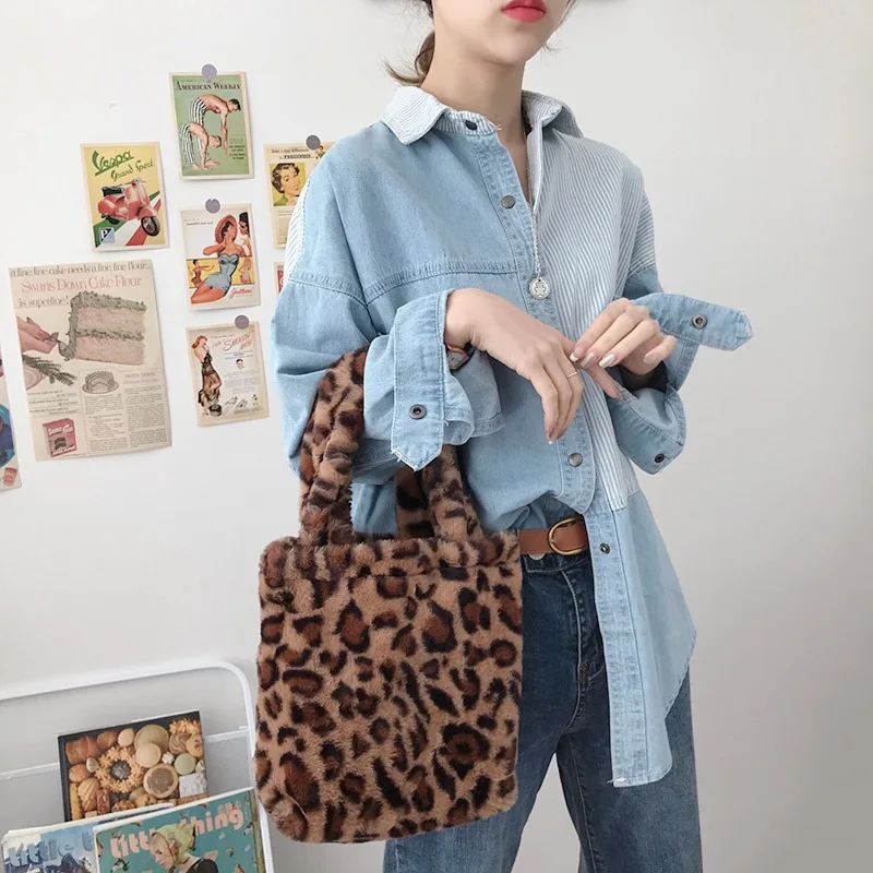 

Luxury Women's Plush Small Handbags Leopard Pattern Faux Fur Ladies Clutch Purse Winter Fashion Girls Student Furry Tote Bags