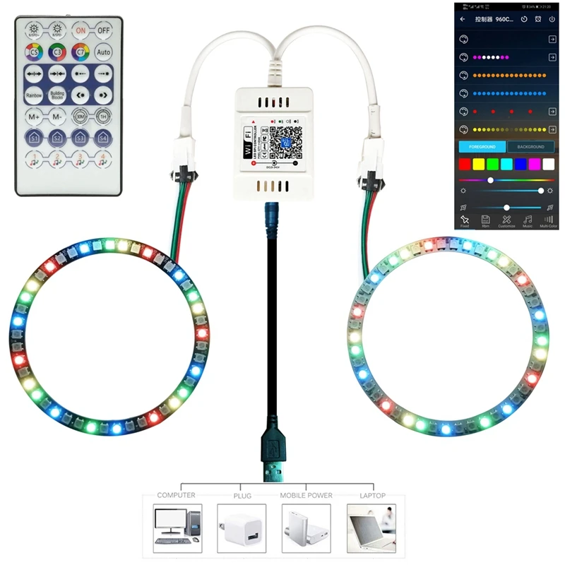 

8/16/24/35/45 LED Pixel Ring Modules WS2812b Light Individually Addressable 28-key WiFi Music LED Controller Kit DC5V