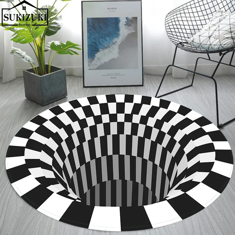 

Black White Rugs Spoof Carpet Three-dimensional 3D Visual Whirlpool Illusion Trap Round Vertigo Carpet Living Room Bedroom Pad