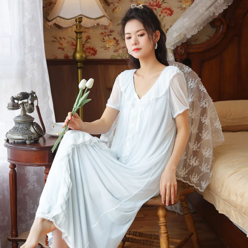 

Fairy Romantic Nightgown Women Mesh Lace Long Sleeping Night Dress Victorian Robe Vintage Peignoir Nightie Princess Sleepwear