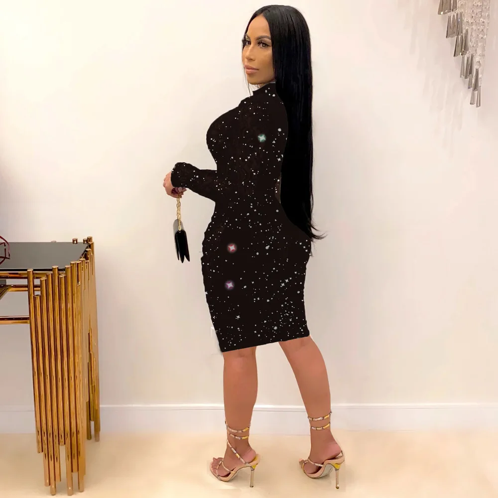

Galaxy Hollow Out Elegant Slim Fit Dresses for Women High Necked Full Sleeve Bandage Vestidos Fashion Fall Black Partyclub Dress