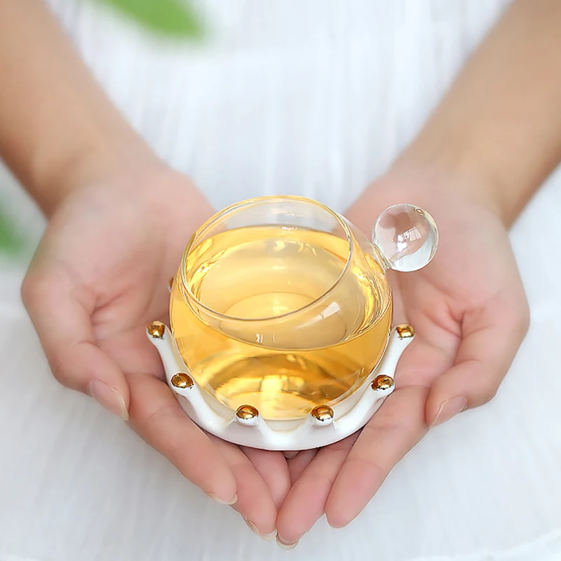 

European Classical Tea Set Scented Tea Teapot Transparent Glass Crown Teacup Sets White Ceramic Trays Glass Cups Crown Saucer