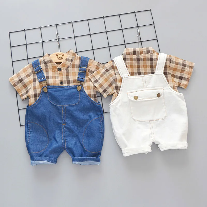 

Summer Baby Boys Clothes Children Fashion Plaid T Shirt Bib Pants 2pce/sets Kids Casual Garment Toddler Clothing Child Tracksuit