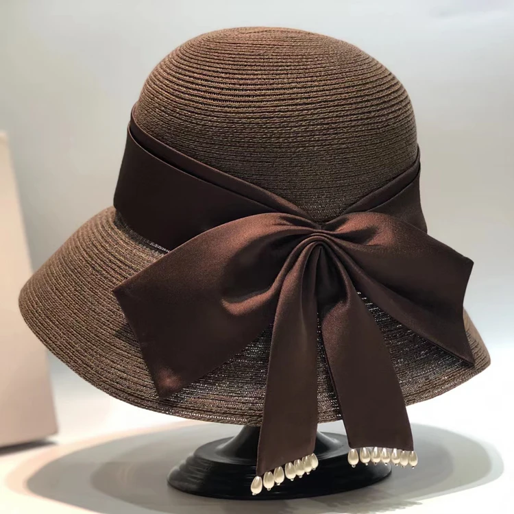 

Retro French Hepburn Style Pearl Satin Bowknot Elegant Large Eaves Shade Show Face Top Hat Straw Hat