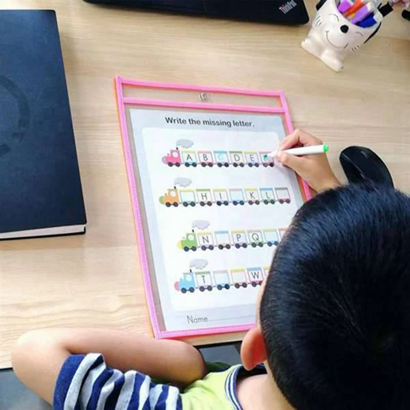 Reusable Dry Erase Pocket Sleeves with Marker Holder(12 Pack)- Assorted Colors, Adult and Children. Use for School, Work, Teac