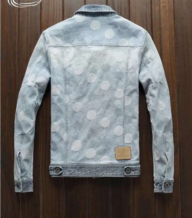 BONJEAN Mens Polka Dot Denim Jacket Mal Rock Fashion Light Blue Slim Casual Biker Jackets Coat Drop Shipping
