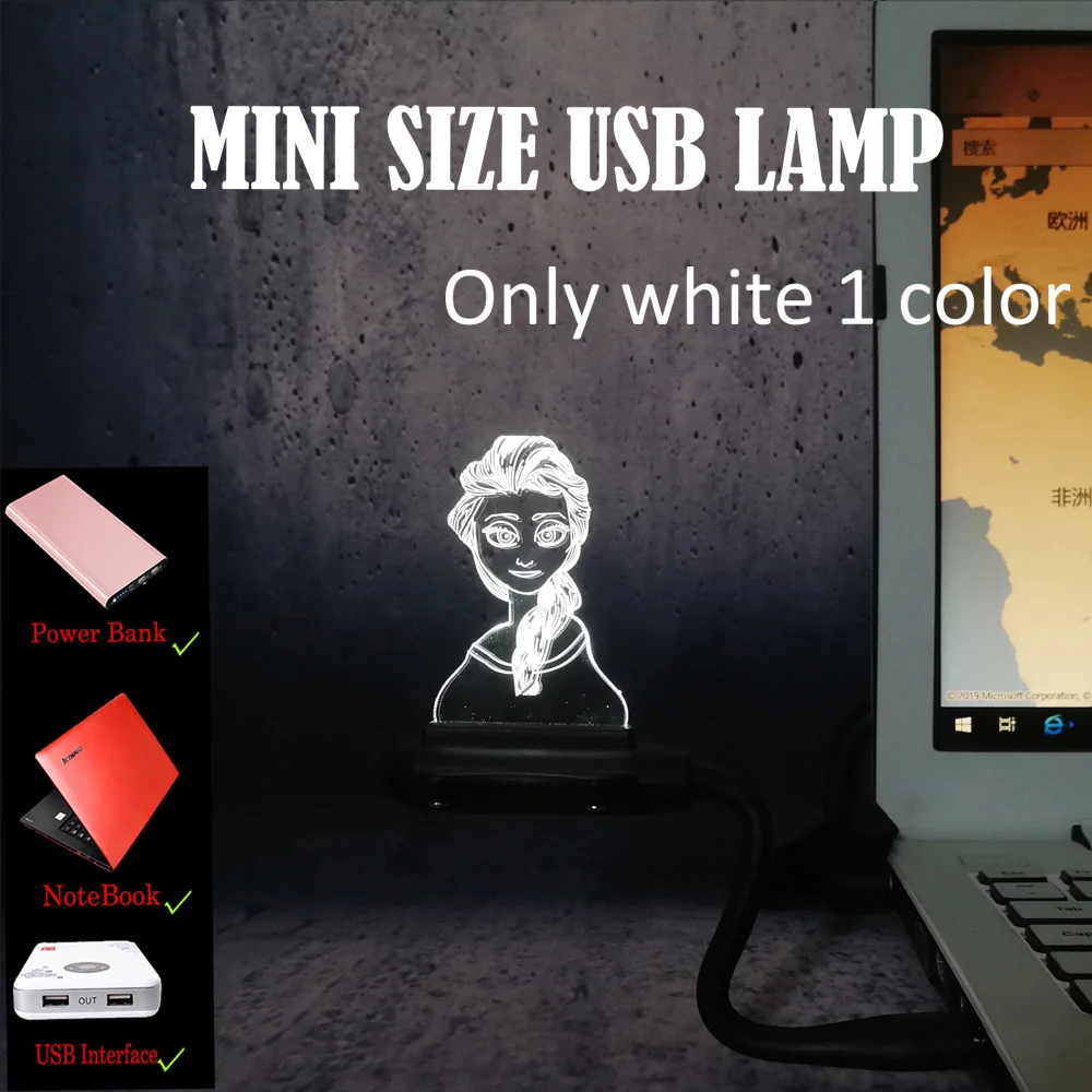 Фигурка 3D USB СВЕТОДИОДНЫЙ светильник Принцесса Эльза-Снежная королева многоцветная смена настроения визуальный RGB настольный ночник подарок длинные волосы красота девушка
