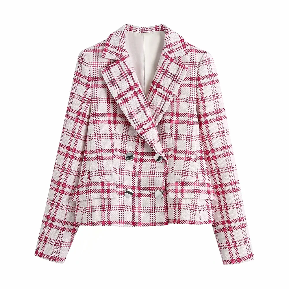 

BBWM Za Women 2021 Fashion Double Breasted Casual Red and white Tweed Blazer Coat Female Business Work Office Lady Plus Size