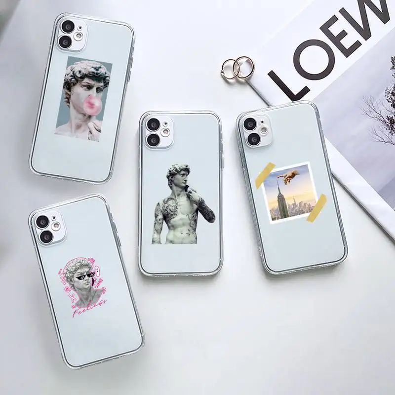 

David Art Retro Plaster Portrait Phone Case Transparent for iPhone 7 8 11 12 13 mini pro X XS XR MAX Plus