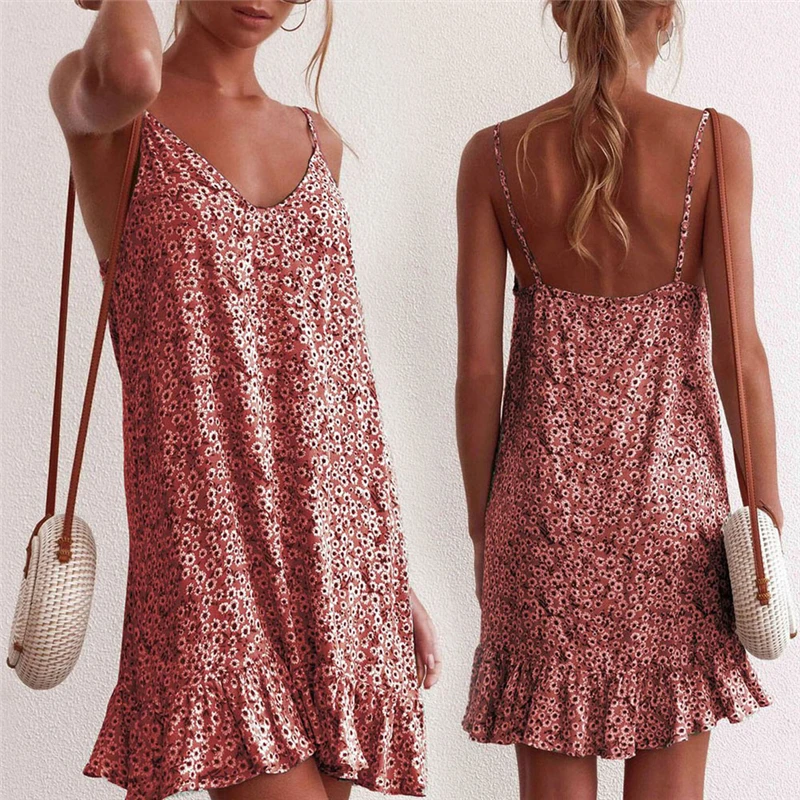 

Hot Women Floral Straps Mini Summer Dress Sleeveless Ruffled Sexy Elegant Ladies Party Beach Dresses Sundress Vestidos New 2020