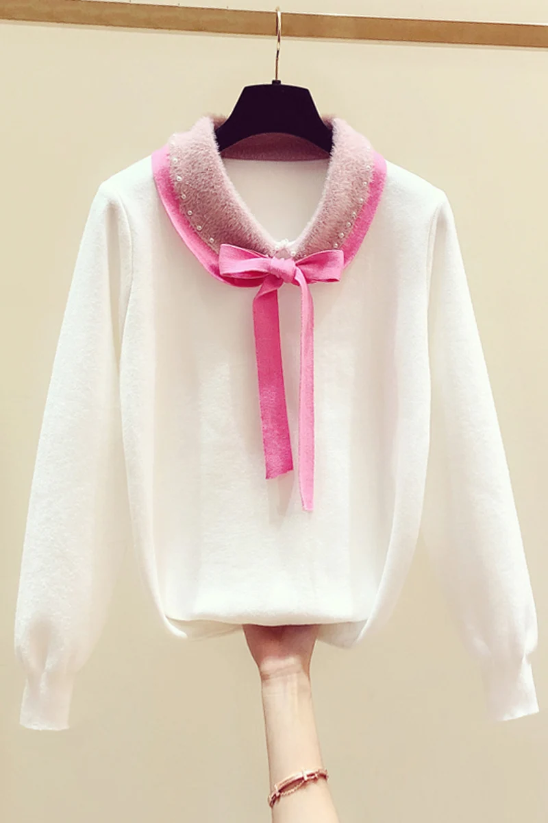 

Bow Tie Beaded Lapel Collar Sweater Female 2020 Autumn Winter New Bottoming Wool Sweaters Tops Womens Long Sleeve Knit Shirts