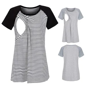2021 для беременных женщин с коротким рукавом полосатый Уход футболка Топ для кормления грудью; Одежда для беременных; zwangerschaps kleding E1