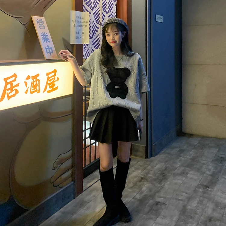 

Fat Girl White Bear round Neck Short Sleeve T-shirt Korean Style Simple plus Size Women's Clothing 2021 New Summer Embroidered