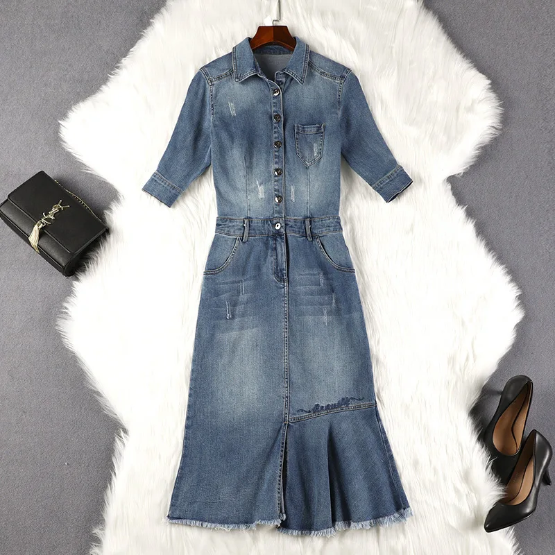 Женское джинсовое платье в европейском стиле свободное с коротким рукавом