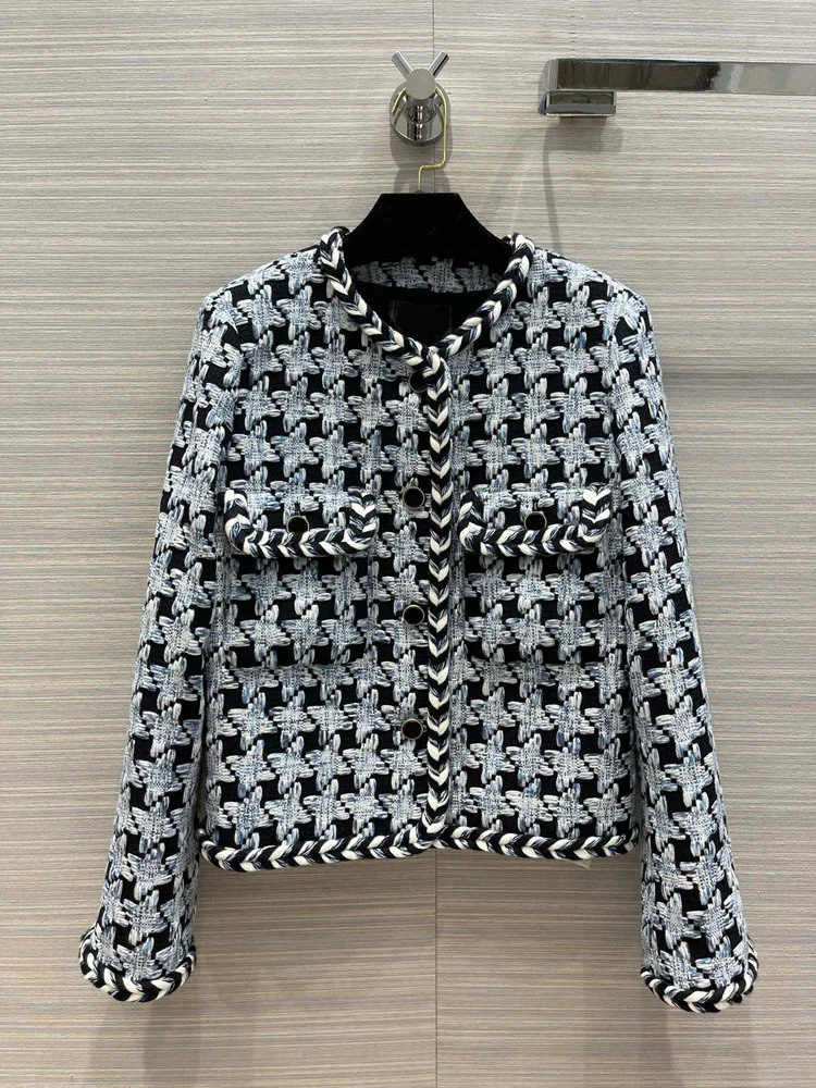 

Blue Plaid Knitted Tweed Coat for Women Top Quality Hand Weave Twist Edge Slim Coat High-end Brand Double Pocket Tweed Coat Lady