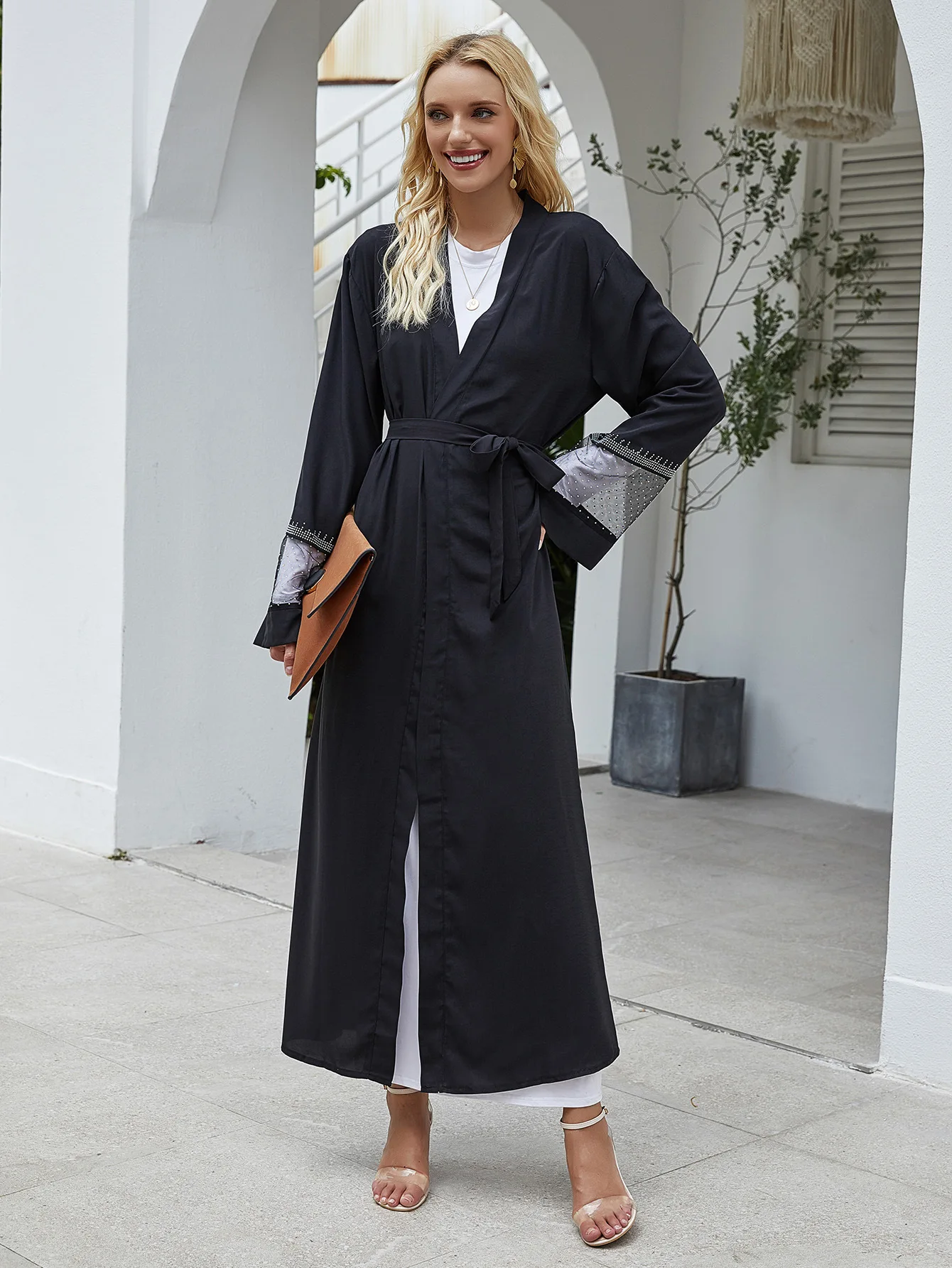 Мусульманское платье Donsignet мусульманский Модный кардиган с сетчатыми стразами