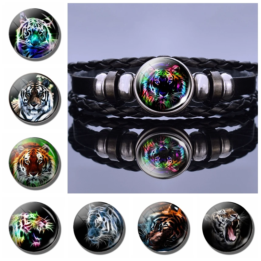 Красочный тигровый узор черный кожаный браслет Модный Панк Бижутерия со