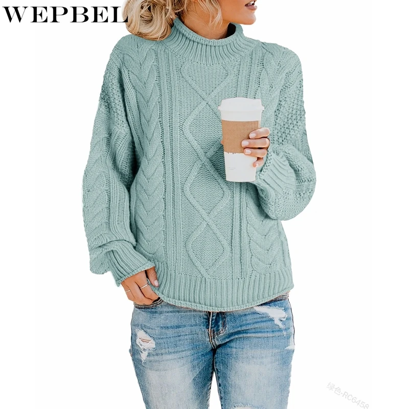 

WEPBEL Casual Solid Color Sweater Women's Loose Pullover Sweater Autumn Fashion Long Sleeve Turtleneck Sweater
