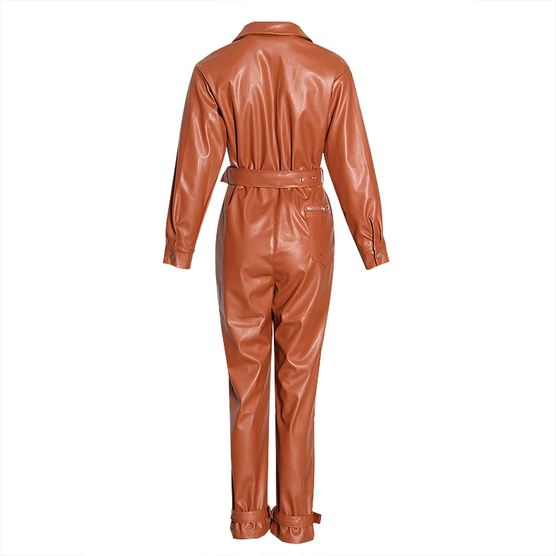 Повседневный женский комбинезон из искусственной кожи с воротником лацканами и