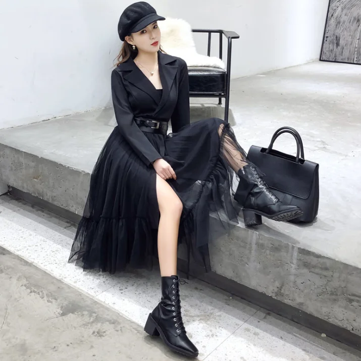 Женское платье с отложным воротником длинное Сетчатое составного кроя поясом