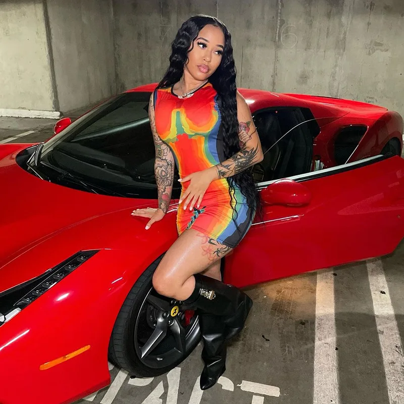 

SKMY 2022 Spring Women Clothing New Fashion Stitching Print Dress Slim Round Neck Sleeveless Bodycon Mini Dress Party Clubwear