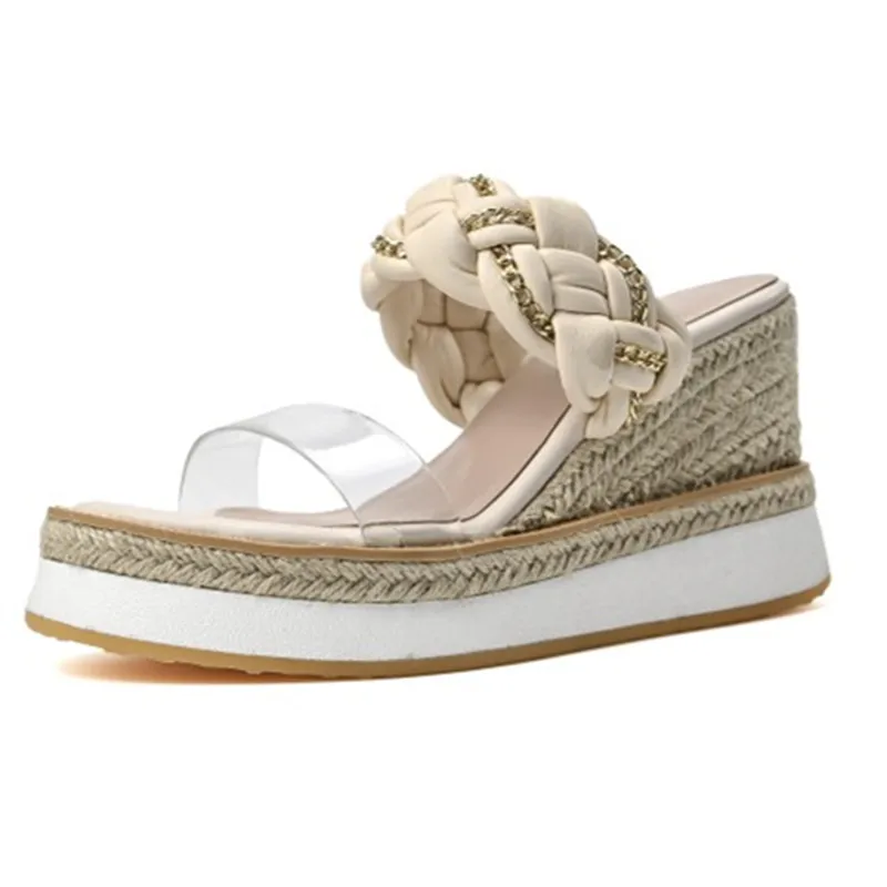 

Fanyuan 2021 Top Qualoty Summer Women Sandals Wedge High Heels Open Toe Metal Decoration Shoes Elegant Sweet Slip On Shoes Woma