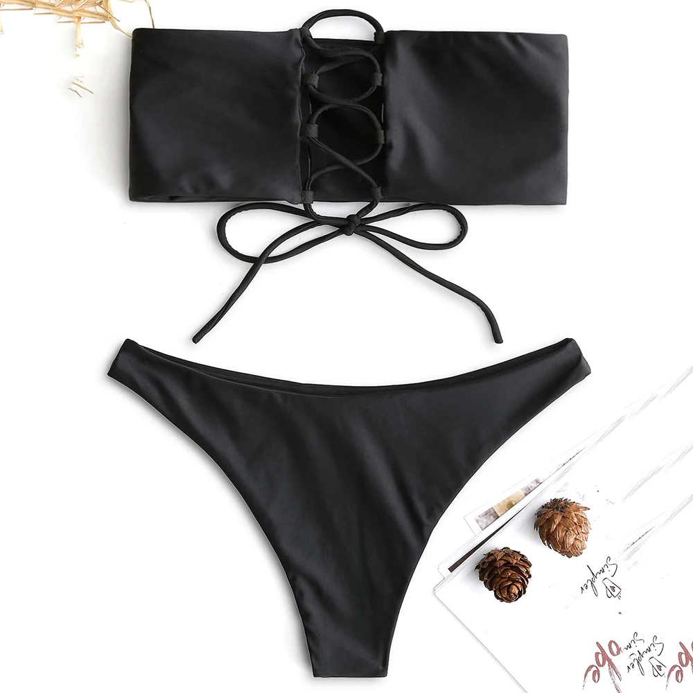 ZAFUL Bikini Set Strapless Unlined Back Lace-Up Bandeau Top And Low Rise Swim Bottoms Women Waisted Padded Beach Swimwear | Женская