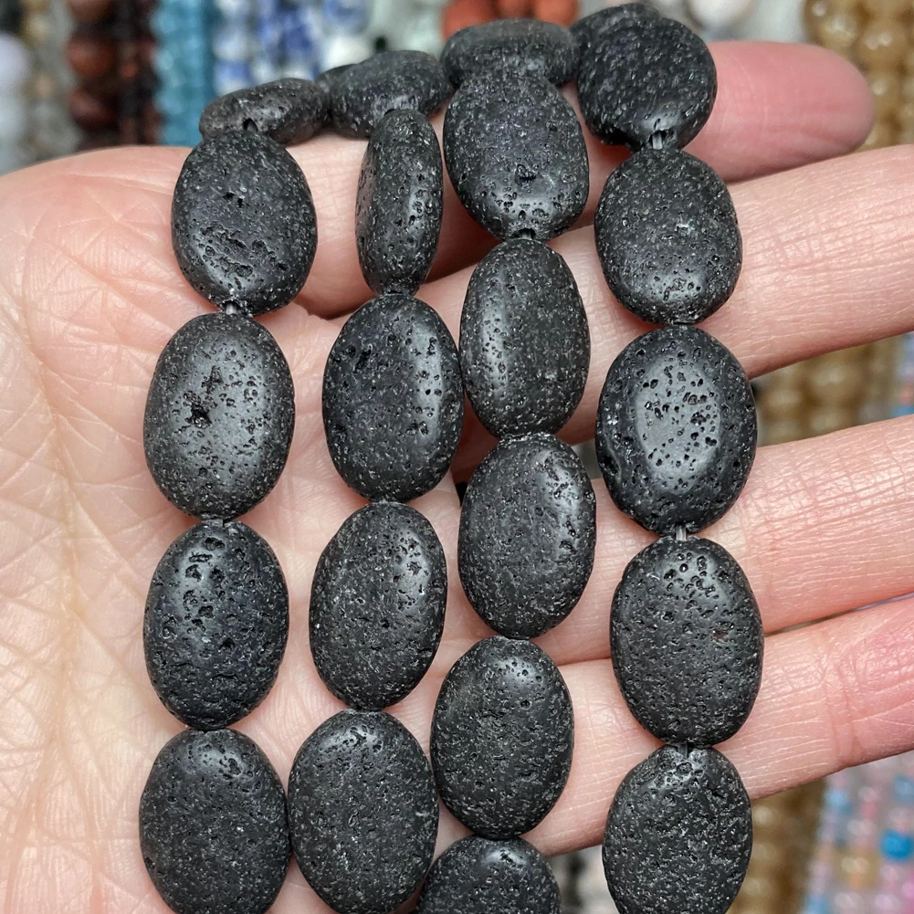 Бусины Из Натурального вулканического камня Плоские Овальные черные лавовые
