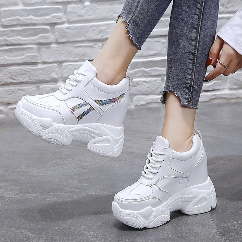 

Кроссовки женские из искусственной кожи, на платформе, белые, увеличивающие рост, Осенние, дышащие