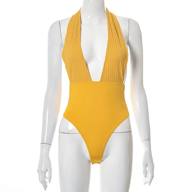 

Casual Women Solid Jumpsuits Screw Thread Sleeveless Halter Deep V Neck Back Hollow Out Bodysuits Fashion Streetwear Summer 2021