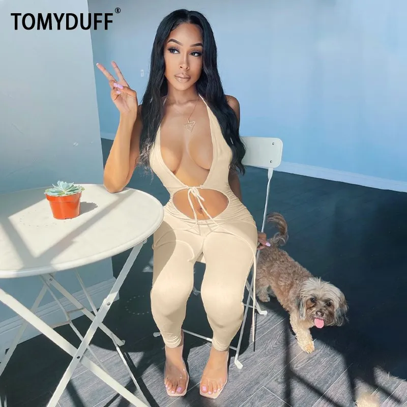 

TOMYDUFF Halter Rompers Women Sexy Streetwear Summer Lace Up Backless Skinny Strap Sleeveless Bodycon Jumpsuits Romper Playsuits