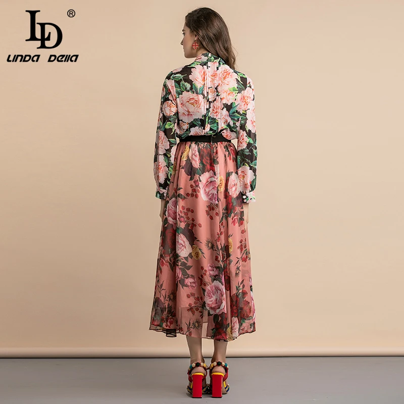 LD LINDA DELLA Autumn Fashion Elegant Blouses Women's Bow Collar Pleated Lace Floral Print Vintage Shirt Holiday Casual Tops
