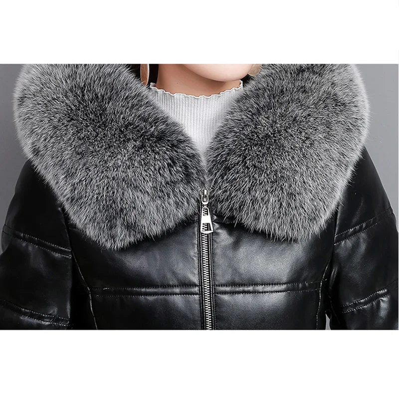New Women Sheep Leather Down Coat Autumn Winter 2022 Warm Hooded Soft Real Fur Collar Slim Sheepskin White Duck Down Overcoat