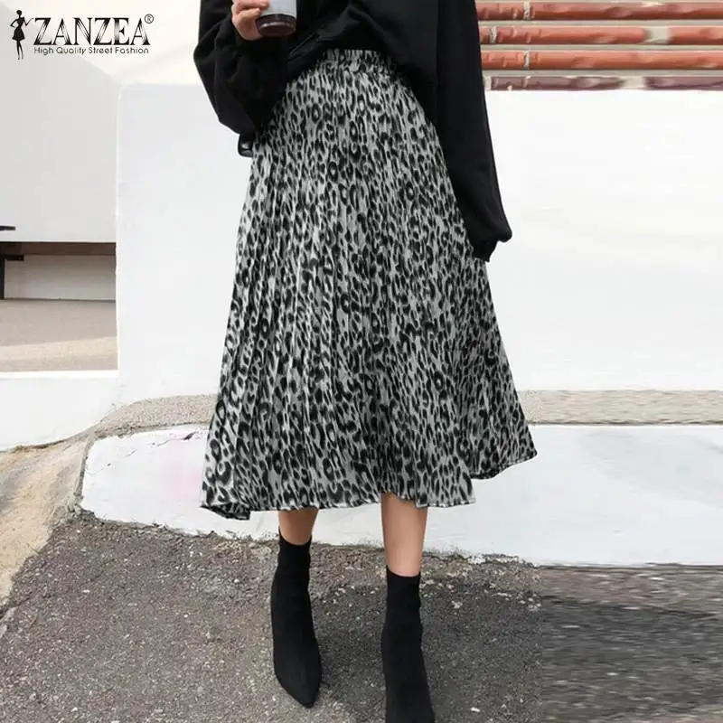 Юбка ZANZEA Женская средней длины с леопардовым принтом модная повседневная