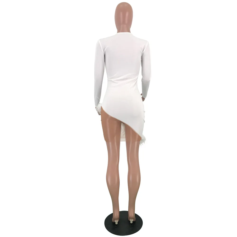 

Asymmetrical Hems Mini Dress 2020 Deep V Neck Mesh Feather Patchwork Sexy Night Club Party Long Sleeve Bodycon Dresses