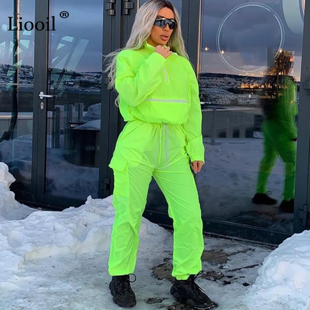 Зеленый Liooil Neon Green/женская одежда комплект из двух предметов, спортивный костюм осень, укороченный топ с длинными рукавами на молнии и спортивные штаны, комплекты для бега - Цвет: Зеленый