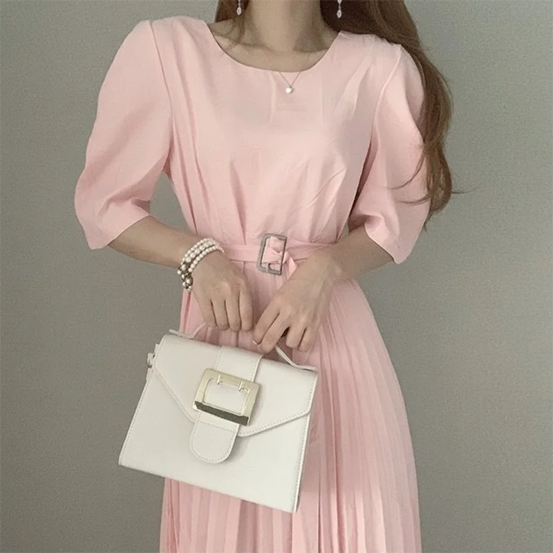 

Korejpaa Women Dress 2021 Summer Korean Fashion Simple Commute Elegant High-waist with Belt Bubble Sleeve Pleated Dresses Female