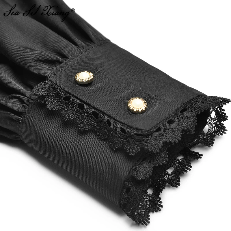 

Seasixiang Fashion Designer Spring Dress Women's Crystal Diamonds Peter pan Collar Lace Patchwork Black Party Dresses