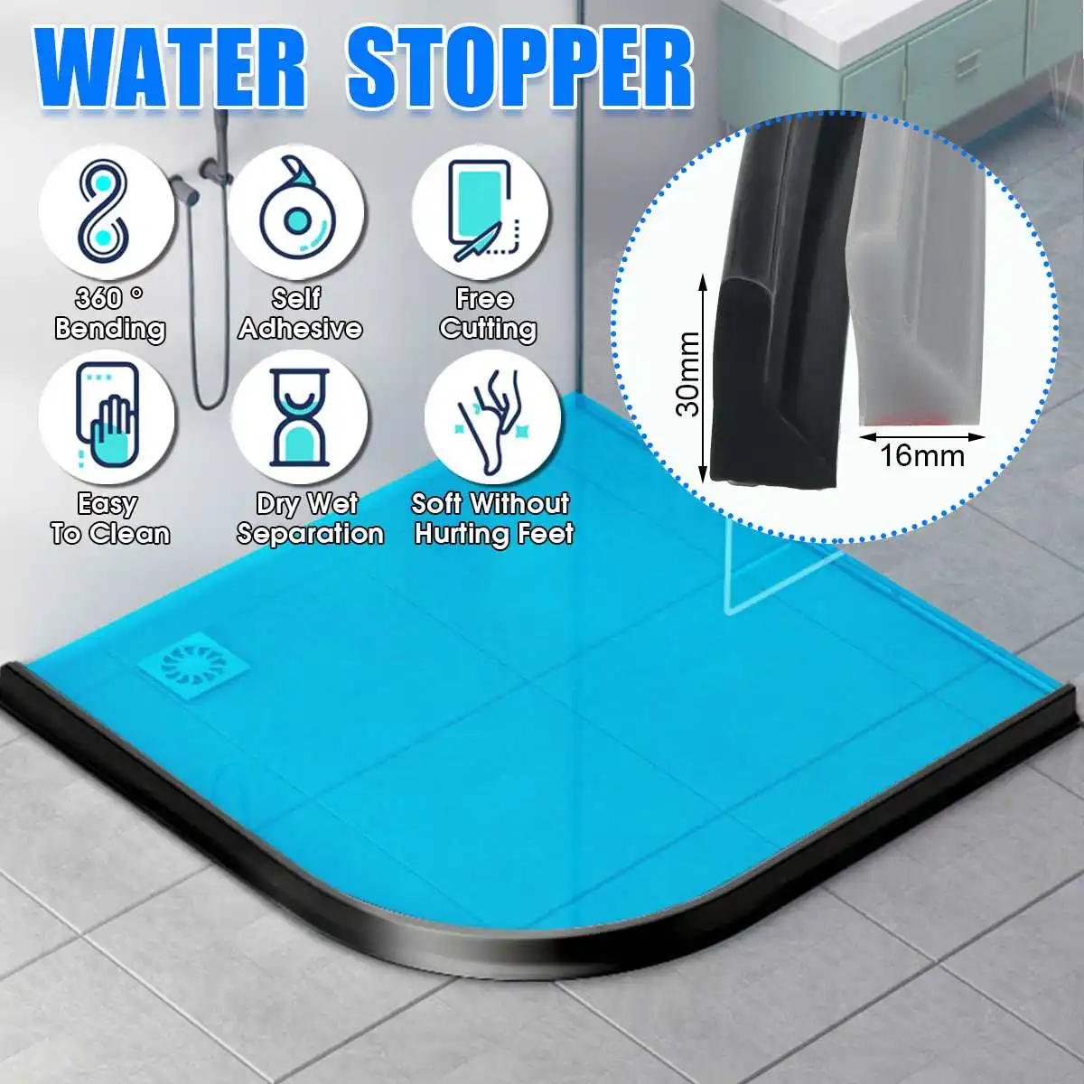 

30MM Gray Bathroom Water Stopper Kitchen Countertop Water Retaining Strip Bendable Bathroom Shower Threshold Water Dam Barrier