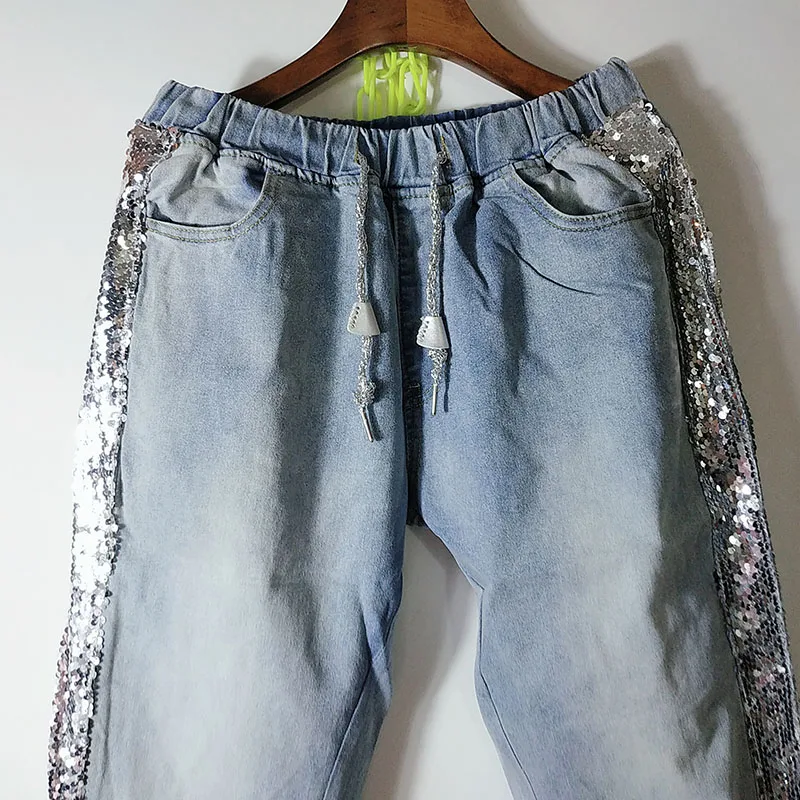 YingYuanFang новые модные весенние, Осенние 5XL женские жира мм мода slim с эластичной талией блестками джинсы Nine брюки