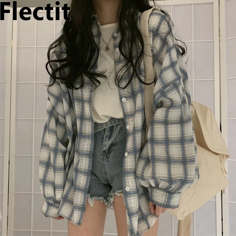 

Flectit Oversized Checked Shirt For Women Long Sleeve Collared Student Girl Grunge Aesthetic Plaid Shirt Outfit