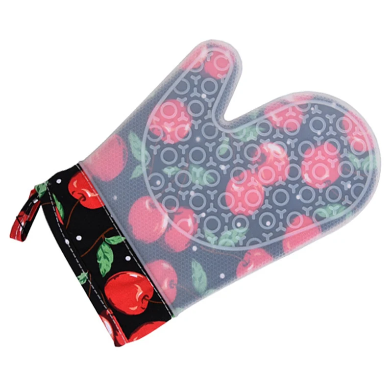 

1 Pair Non Slip Silicone Oven Mitts with Printing Cotton Lining Kitchen Gloves for Cooking Baking Heat Resistant