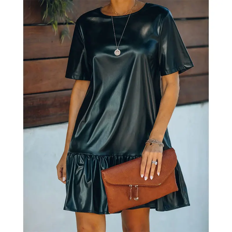

Women's Faux Leather Dress Office Lady Short Sleeve Loose Elegant Mini Dresses Korean Fashion Women Clothing Vestidos Robe