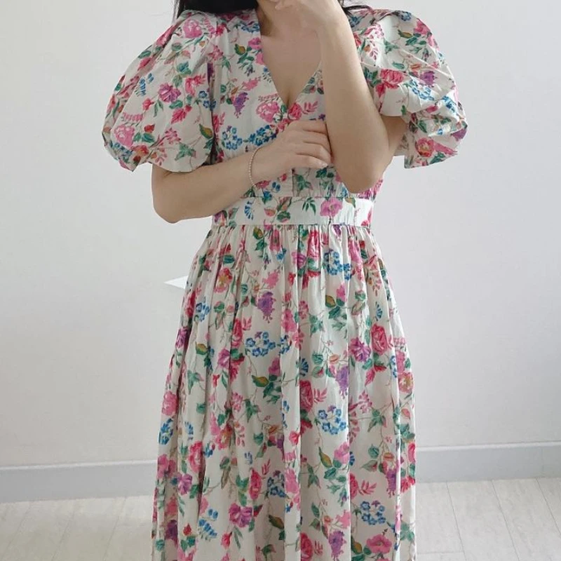 

Summer Women's Flower Dress Ladies V-Neck Puff Sleeve Mixi Dress Korean Clothing 2021 Female Vestidos