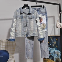 2021 spring autumn fashion embroidery frayed denim sets women short jeans jacket pencil pants 2pc female loose casual denim suit