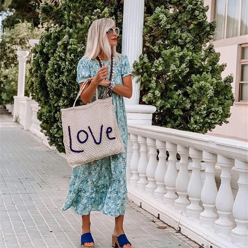 

Holiday Beach Style Women Dress 2020 Summer O-neck Print Puff Sleeves Slim Ruffles Maxi Dress