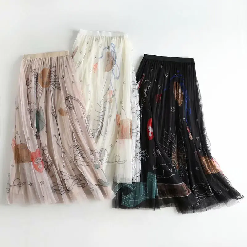 

New B9677 - han edition wholesale 2019 summer sweet high waist heavy graffiti printed gauze skirt