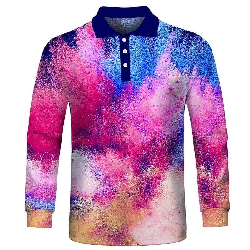 

Рубашка-поло мужская с длинным рукавом, модная дышащая футболка с 3D рисунком Галактики, свободная повседневная майка-поло, большие размеры ...