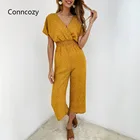 Комбинезон женский в горошек, с высокой талией, с коротким рукавом, V-образным вырезом и широкими штанинами, лето-осень