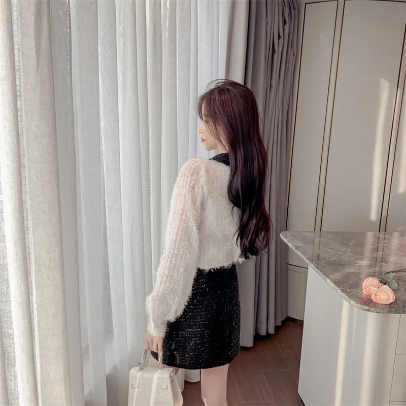 

CBAFU designer runway women's set long sleeve bow tie tassel blouse pearls button tweed skirt summer mini skirt suit 2pcs M294